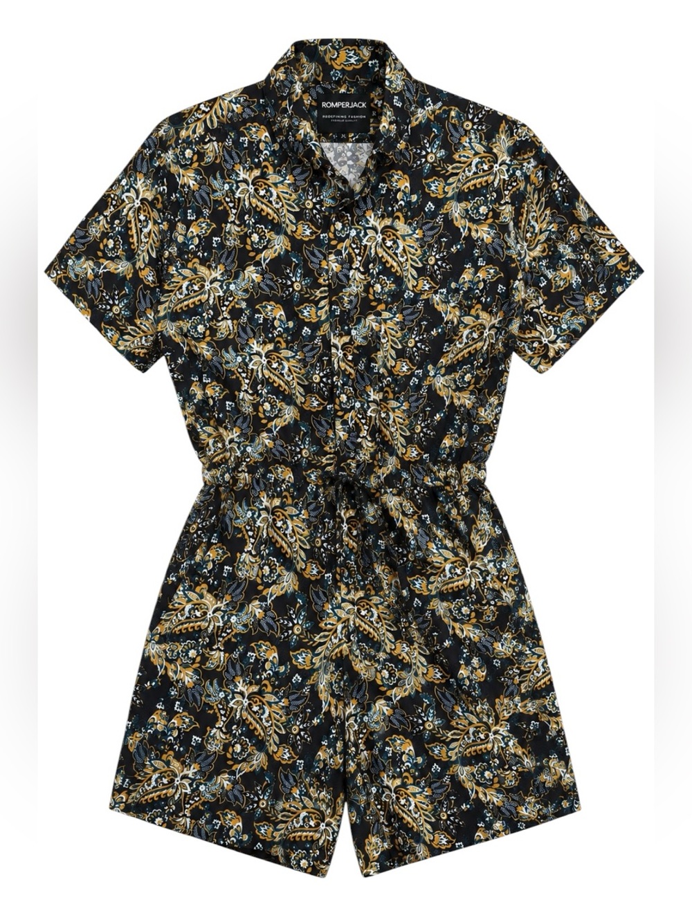 RomperJack - Men’s Floral Short Sleeve Romper Jumpsuit Black Paisley Print Sz XL